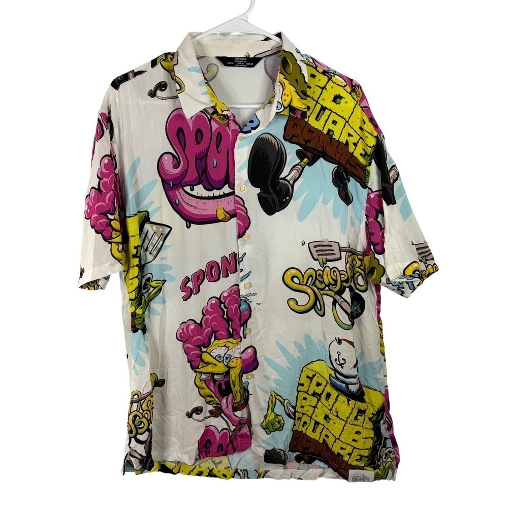 Bershka SpongeBob SquarePants Graffiti All Over Print Shirt Oversize Mens Medium